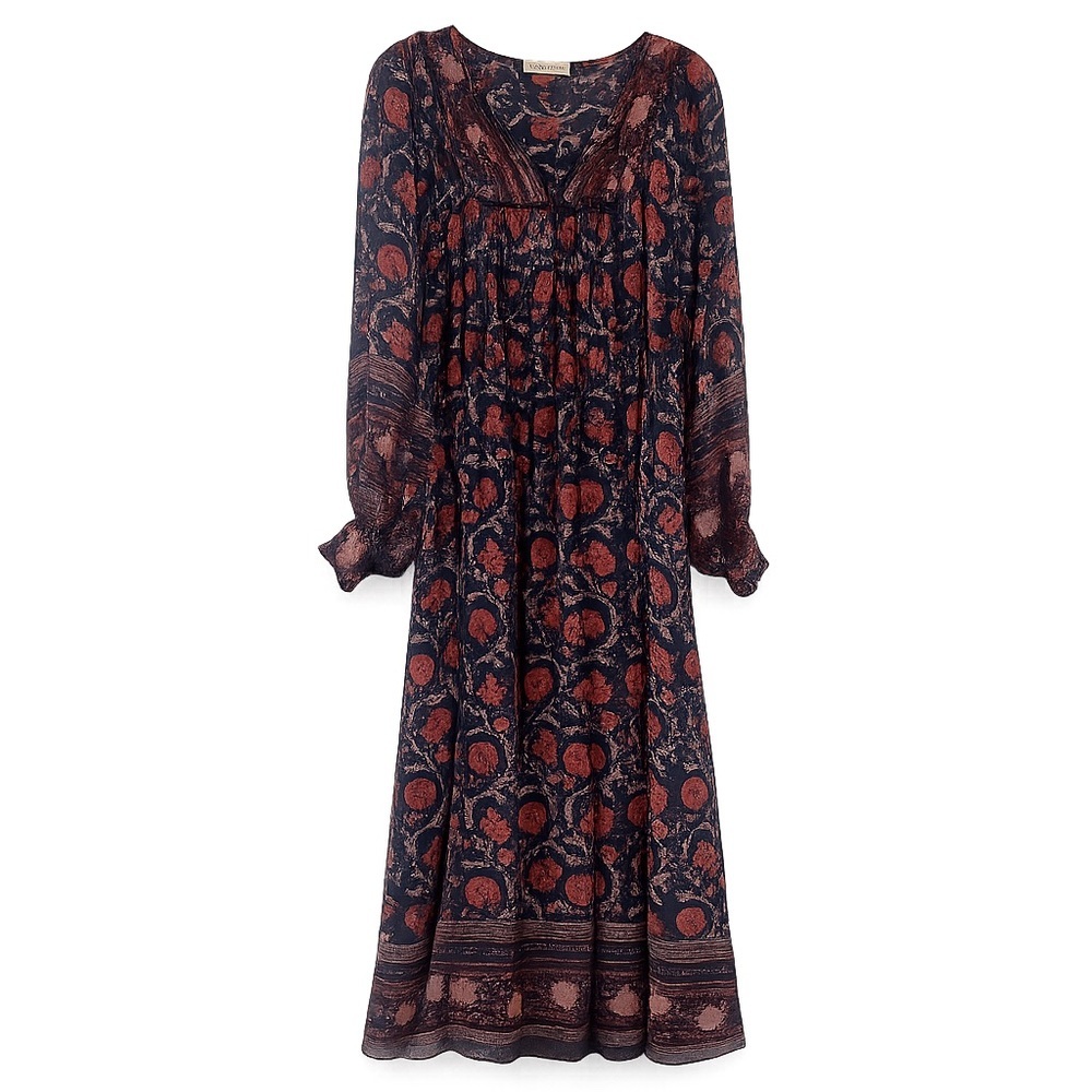 Ulla Johnson Boho Floral Midi Dress – Navy/Rust Print – Long Sleeve - Picture 2 of 4